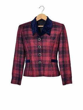Jessica Howard Vintage Navy Blue Red Tartan Plaid Velvet Collar Jacket Blazer